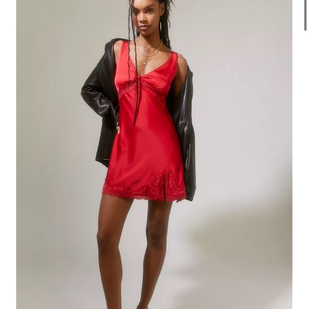 NWT BLACK satin & lace trim mini dress